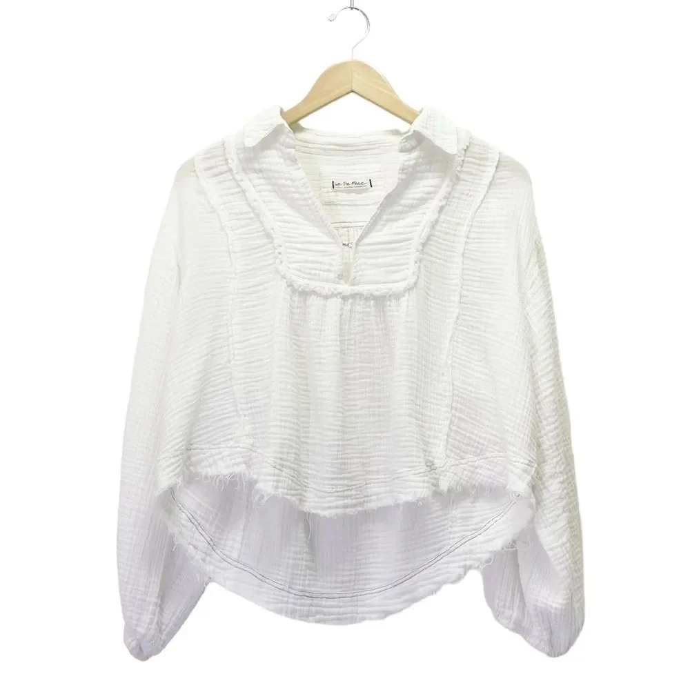 Free People Cozy Dreams Top Textured Cotton Loose Pullover in Soft White Size XS